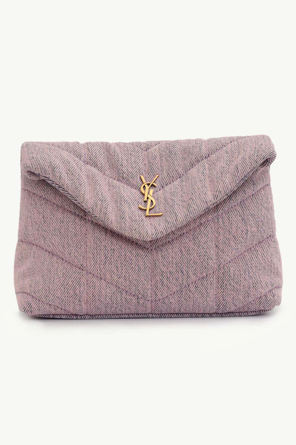 SAINT LAURENT Small Puffer Envelope Pouch in Bleached Lilac Denim x Smooth Leather with Bronze Hardware 0