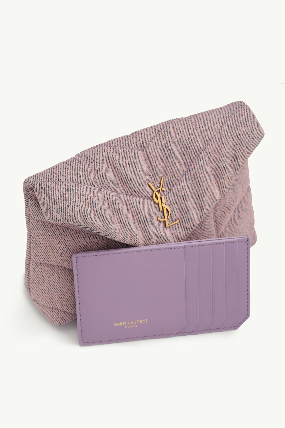 SAINT LAURENT Small Puffer Envelope Pouch in Bleached Lilac Denim x Smooth Leather with Bronze Hardware 2