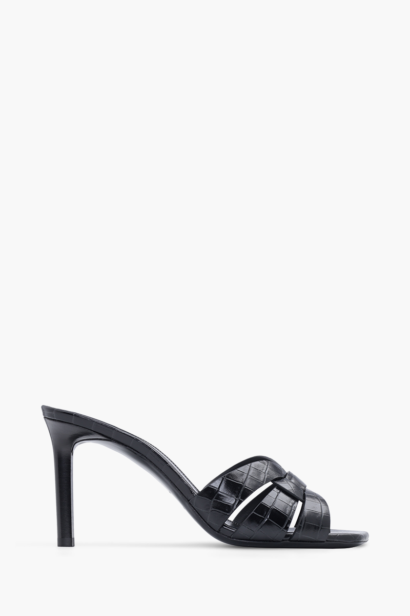 SAINT LAURENT Tribute Open Toe Mules 8.5cm in Black Croco-Stamped Leather 0