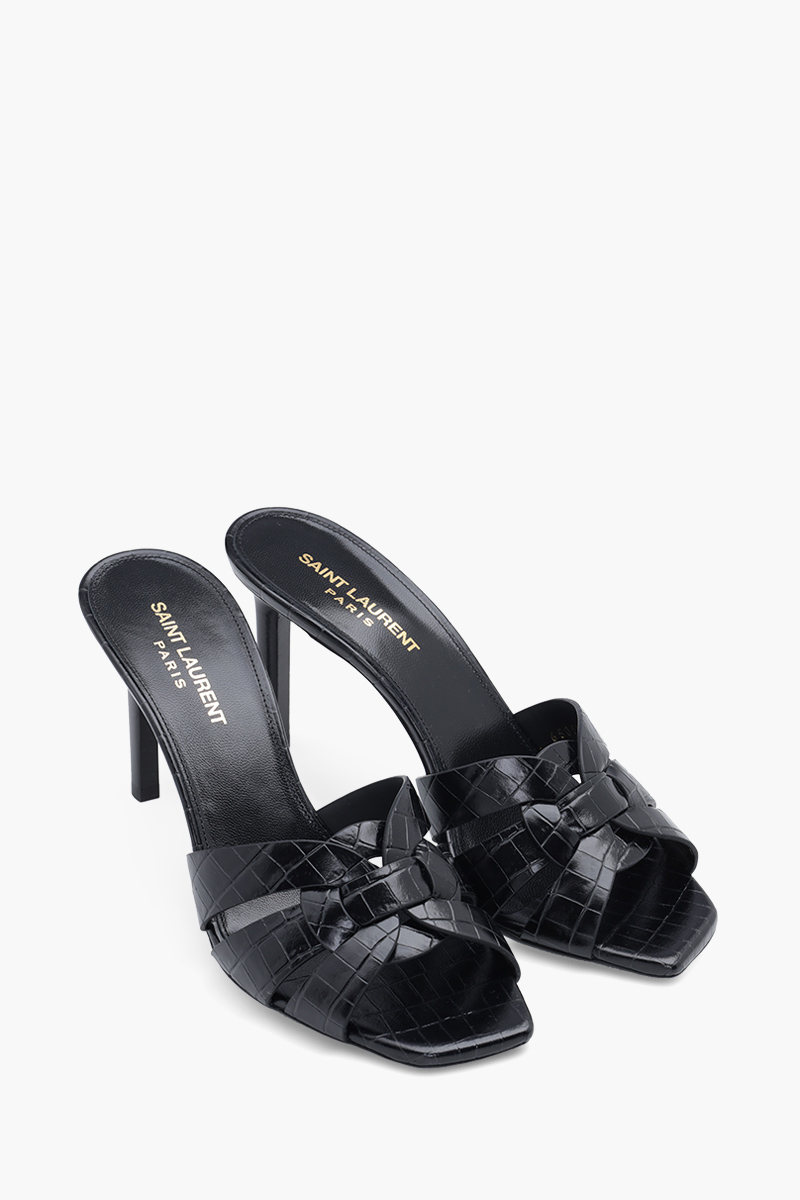 SAINT LAURENT Tribute Open Toe Mules 8.5cm in Black Croco-Stamped Leather 1