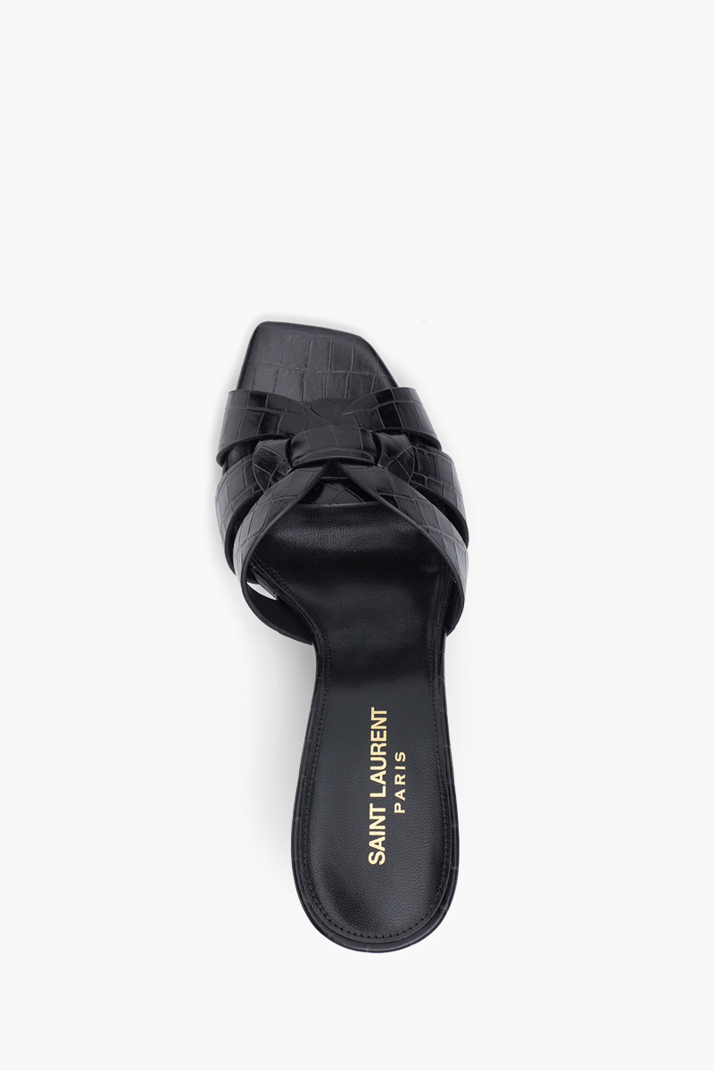SAINT LAURENT Tribute Open Toe Mules 8.5cm in Black Croco-Stamped Leather 3