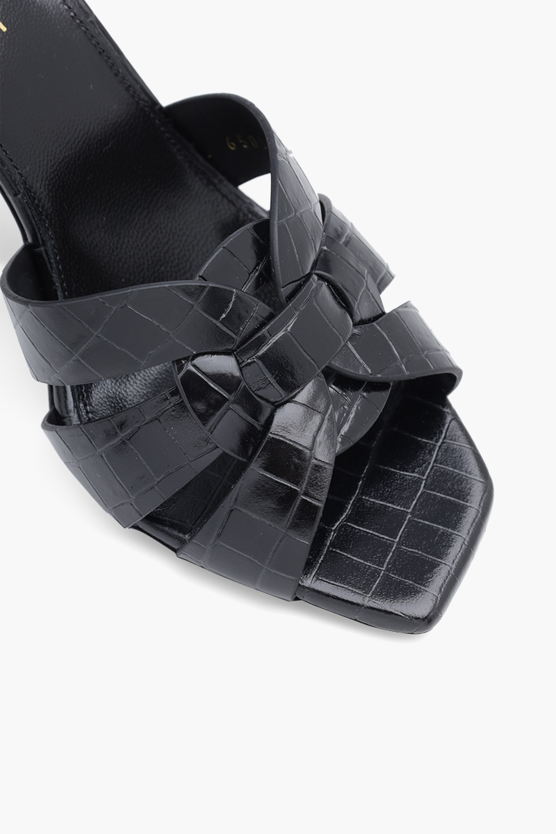 SAINT LAURENT Tribute Open Toe Mules 8.5cm in Black Croco-Stamped Leather 4