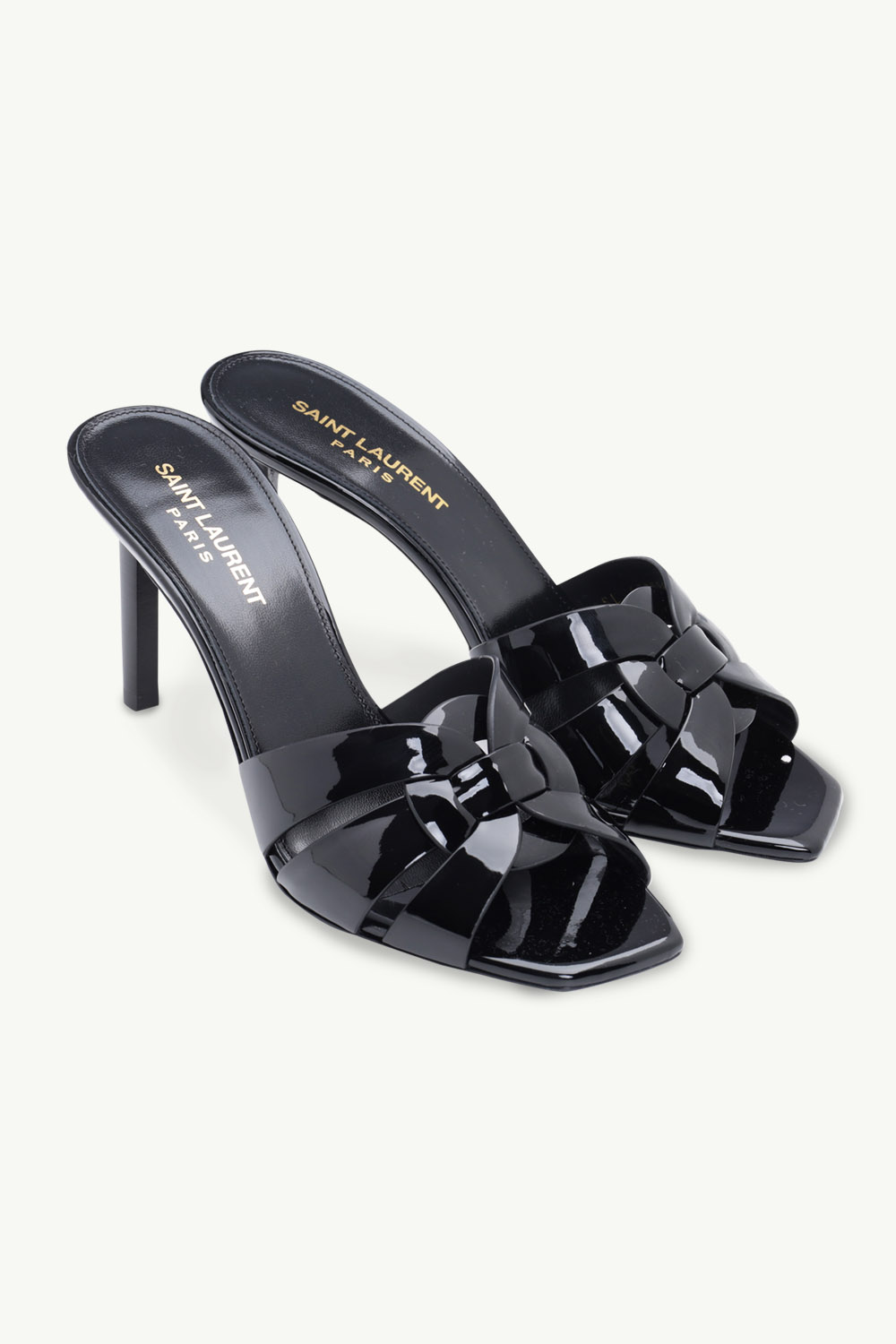 SAINT LAURENT Tribute Open Toe Mules 8.5cm in Black Patent 1
