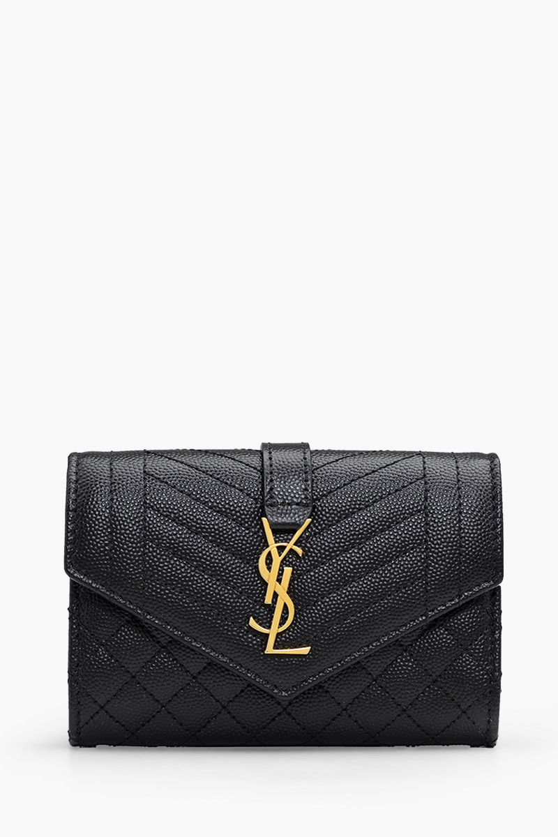 SAINT LAURENT Small Envelope Flap Wallet in Black Caviar Leather GHW 0