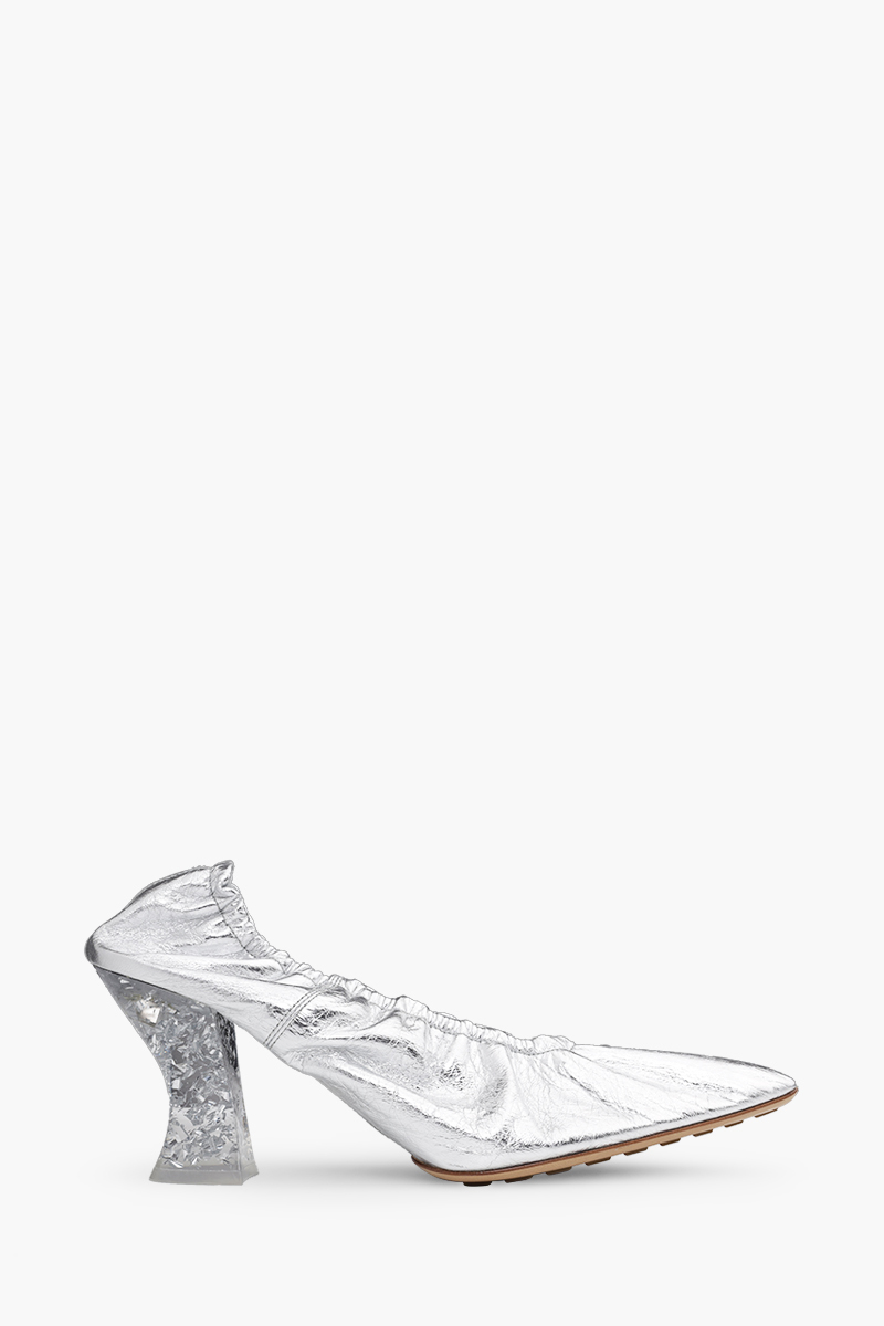 BOTTEGA VENETA Almond Toe Pumps 75mm in Silver Crushed Metallized Leather with Plexiglass Heel 0