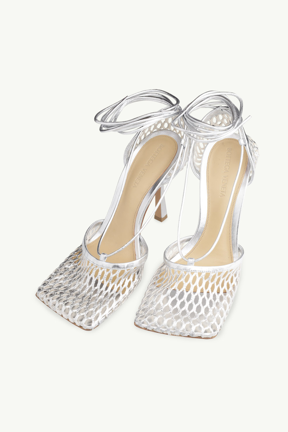 BOTTEGA VENETA Stretch Ankle Strap Mesh Sandals 9cm in Silver 2