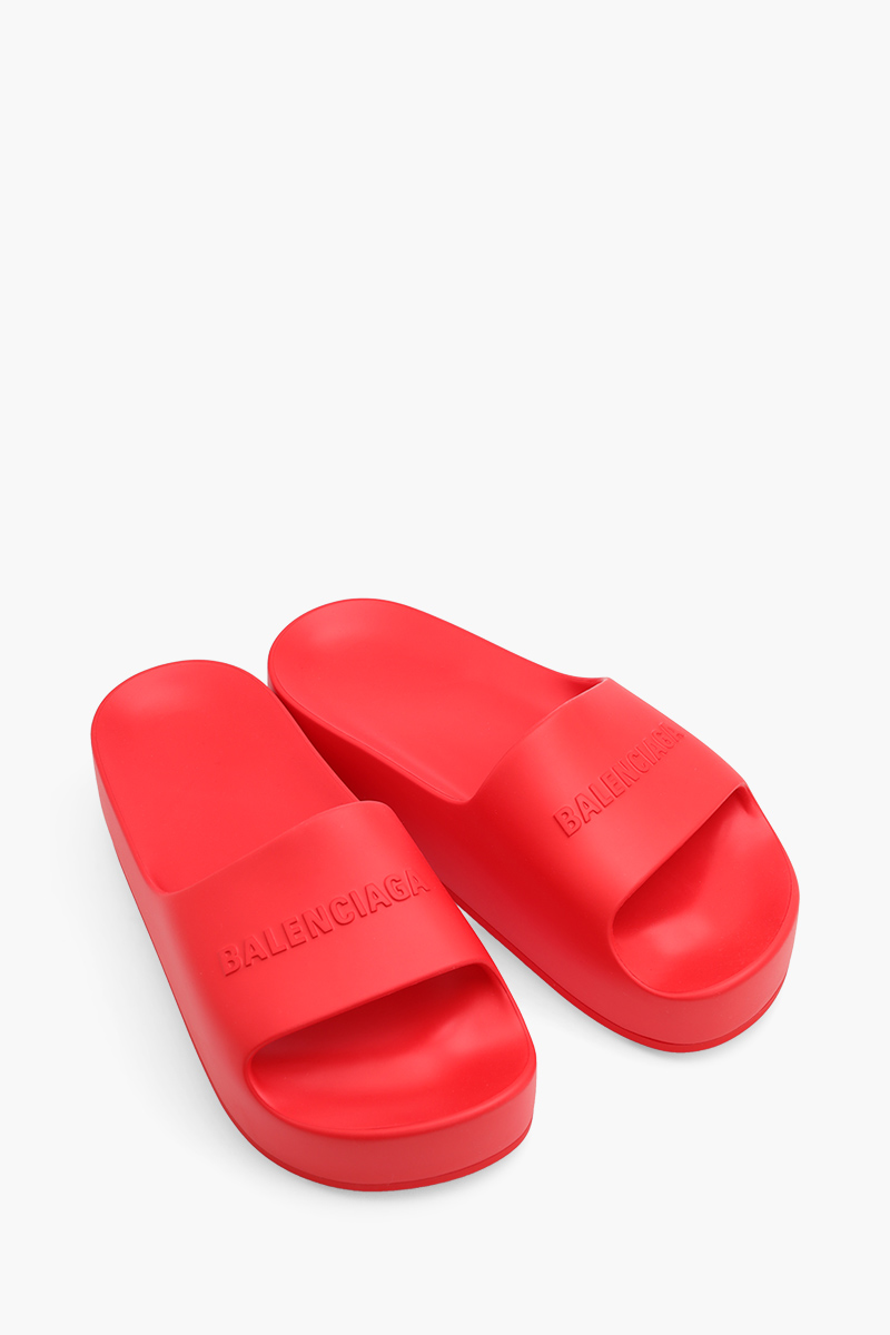 BALENCIAGA Women Chunky Slide Sandals in Tomato Red with Embossed Logo 1