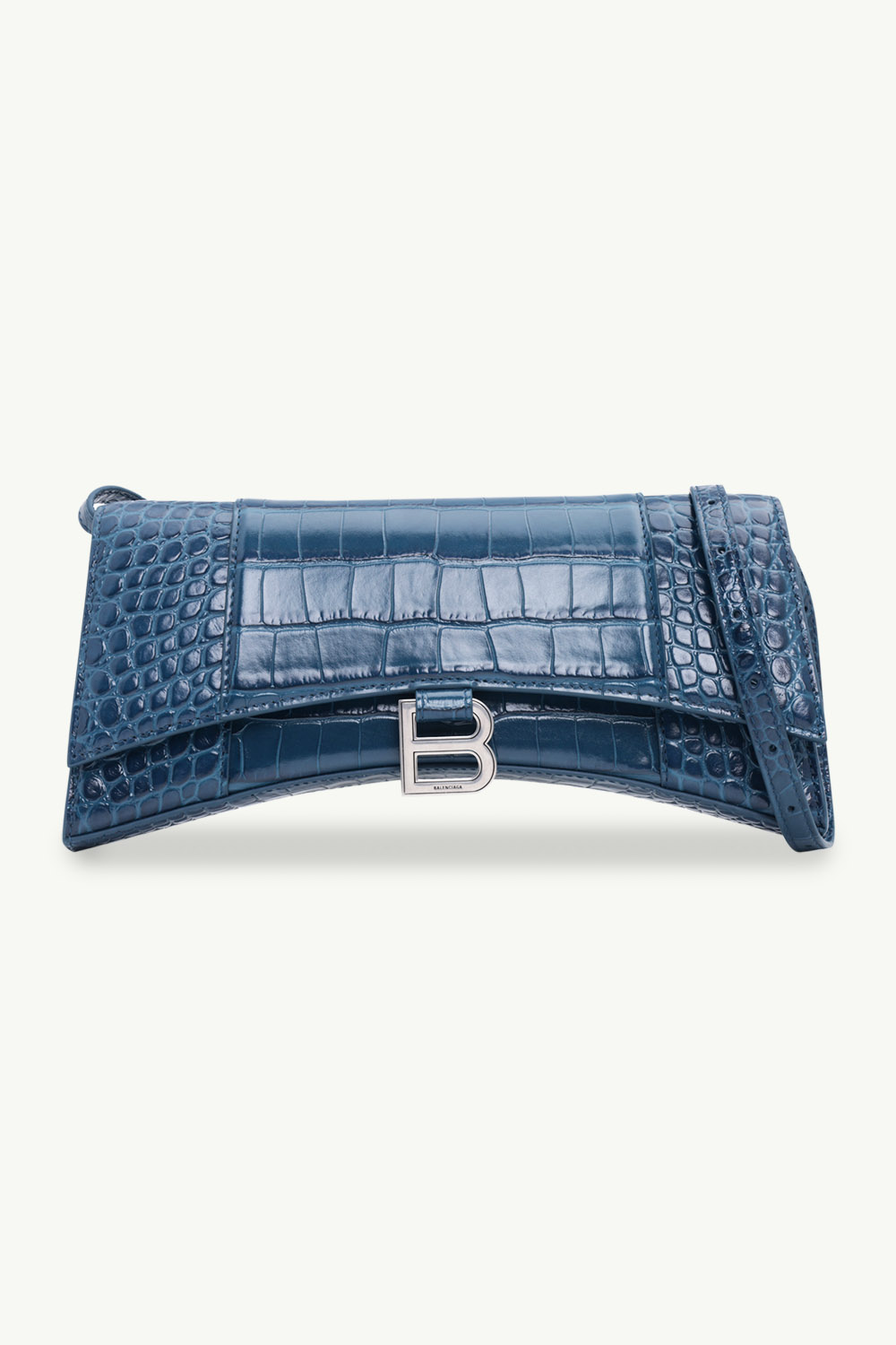 BALENCIAGA Hourglass Sling Bag in Dark Petrol Blue Shiny Croco-Stamped Leather SHW 0