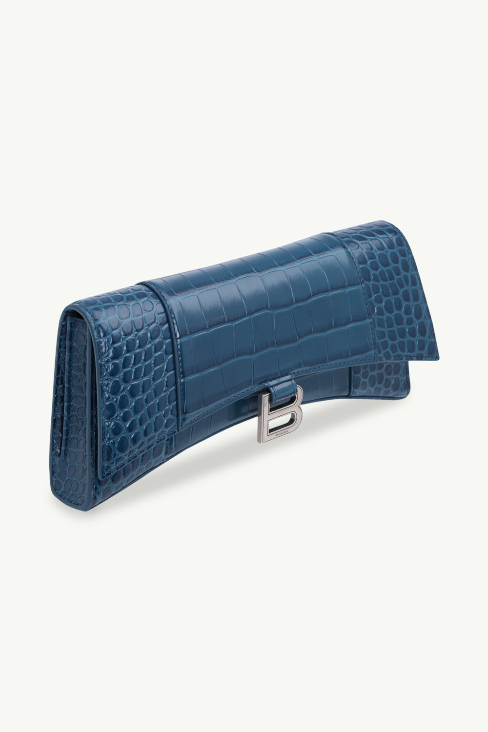 BALENCIAGA Hourglass Sling Bag in Dark Petrol Blue Shiny Croco-Stamped Leather SHW 2