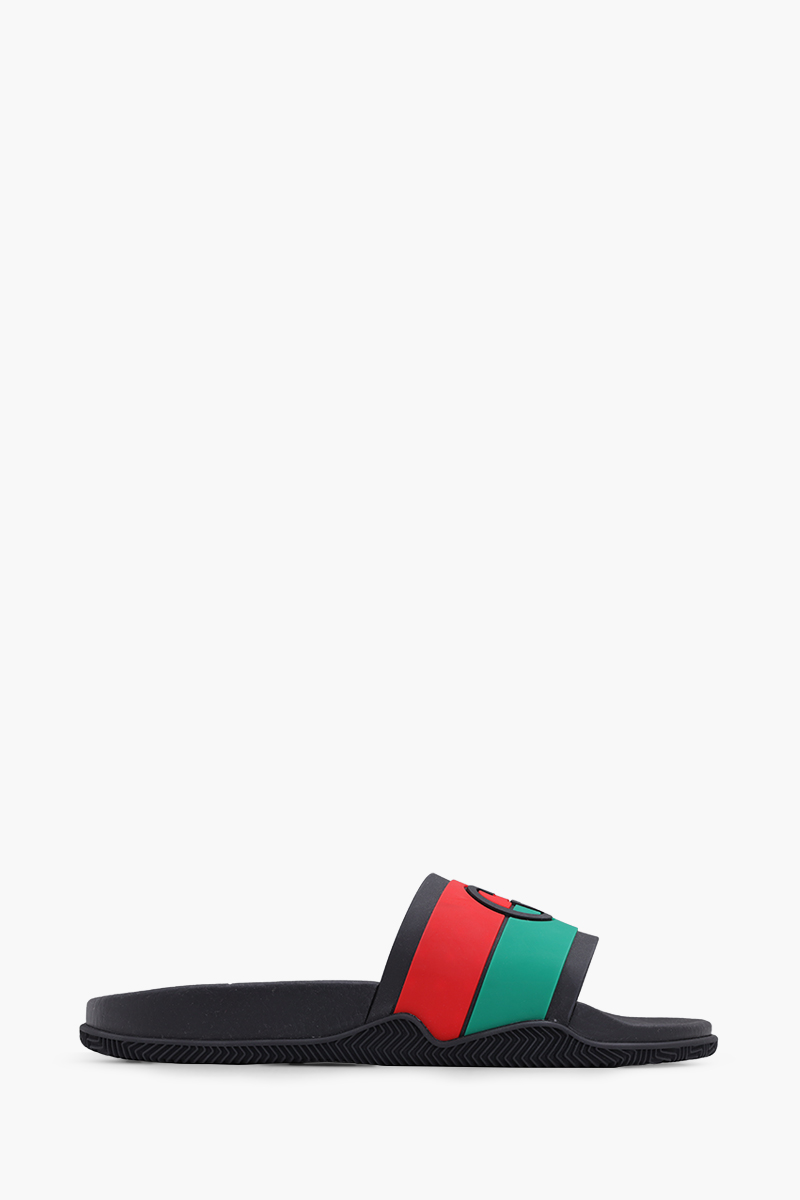 GUCCI Men Interlocking G Slides in Black with Red/Green Striped 0