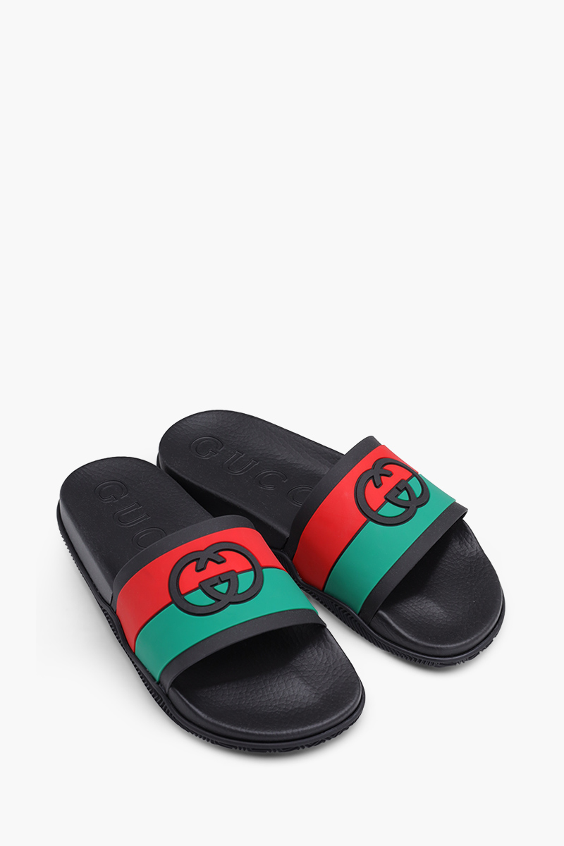 GUCCI Men Interlocking G Slides in Black with Red/Green Striped 1