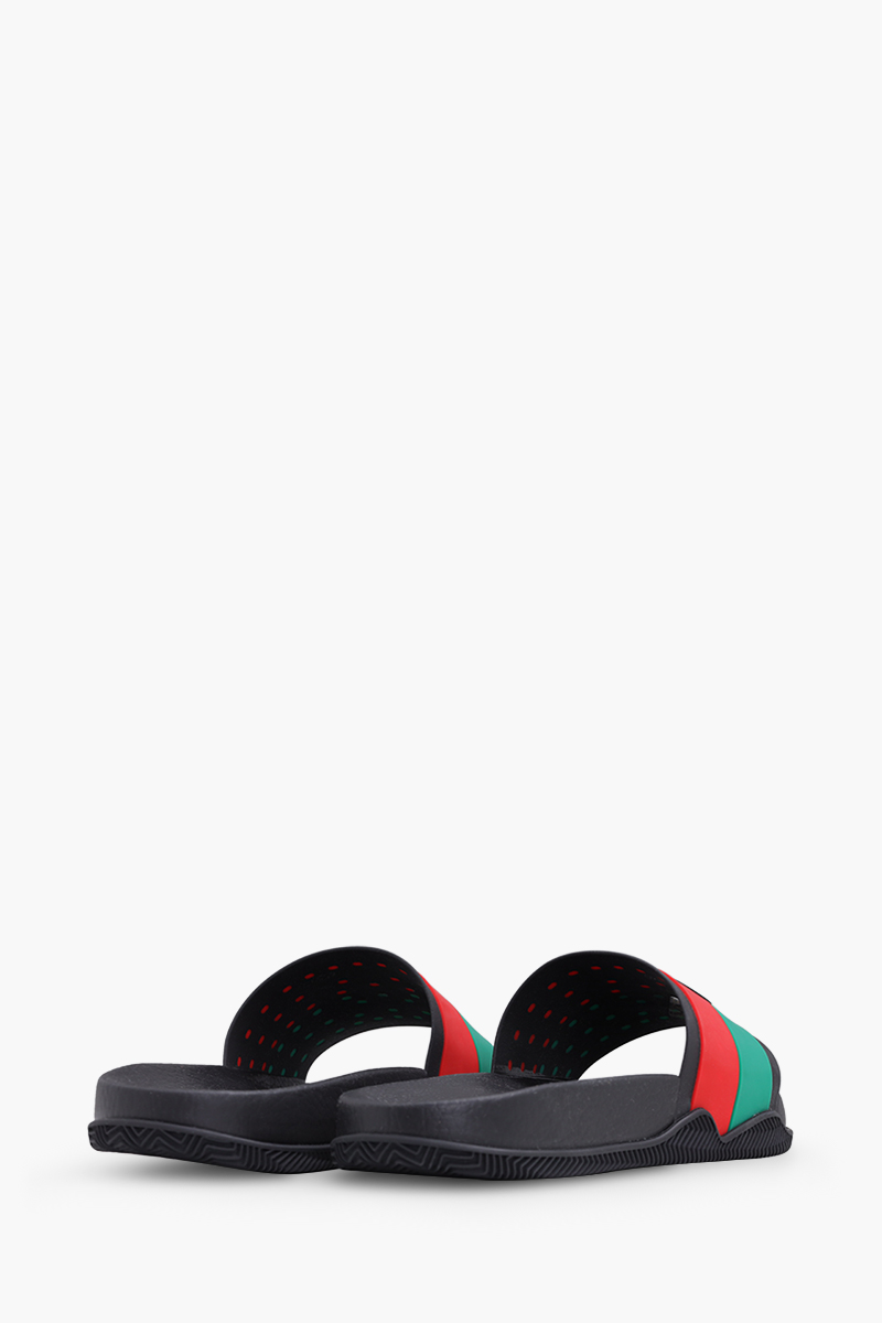 GUCCI Men Interlocking G Slides in Black with Red/Green Striped 2