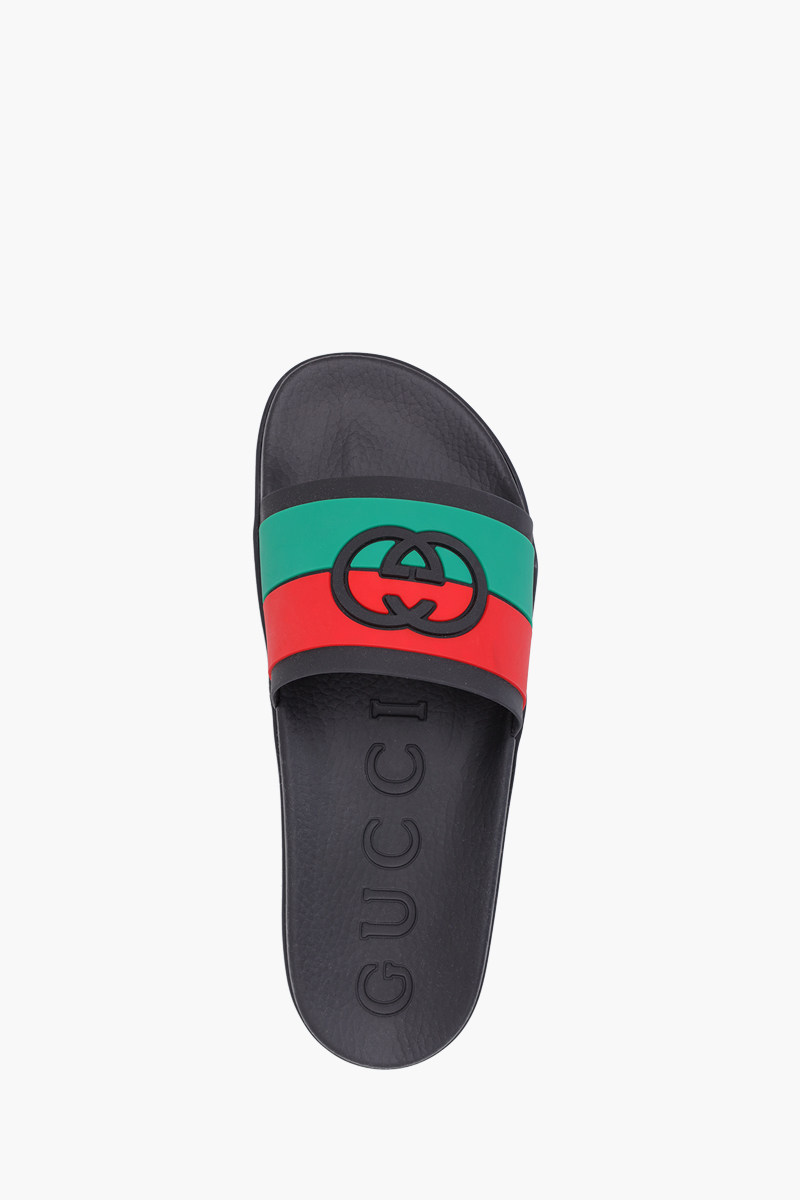 GUCCI Men Interlocking G Slides in Black with Red/Green Striped 3