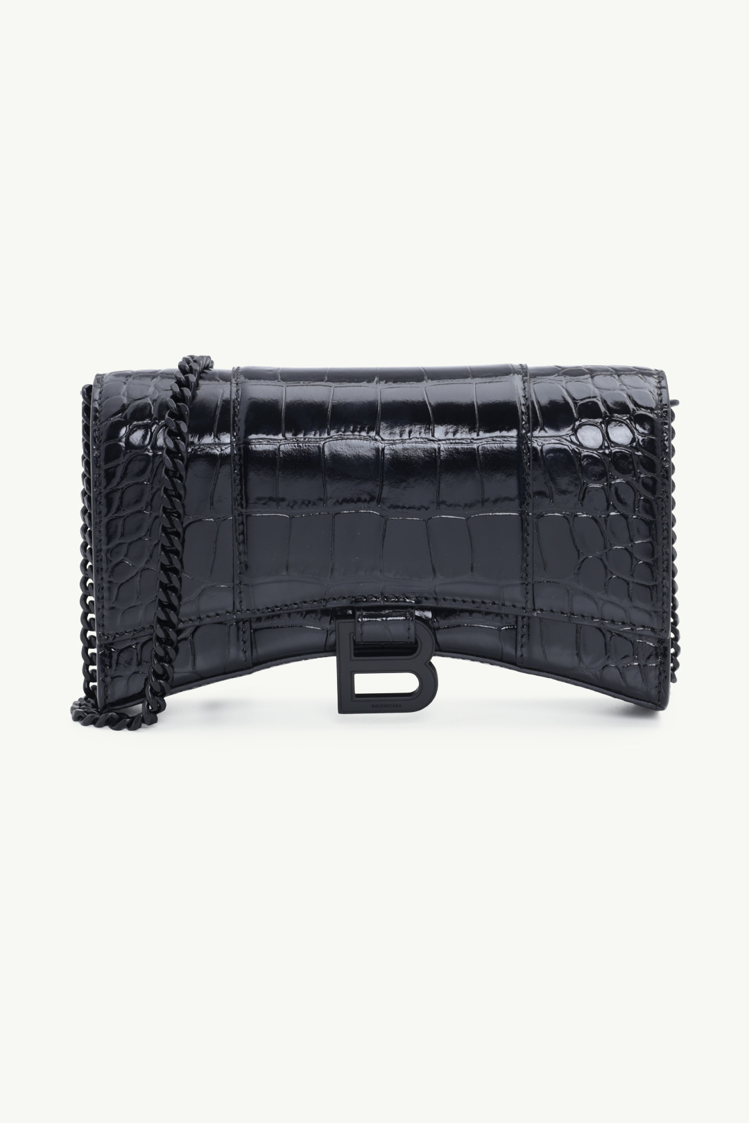 BALENCIAGA Hourglass Wallet on Chain in Black Shiny Croco Embossed BHW 0
