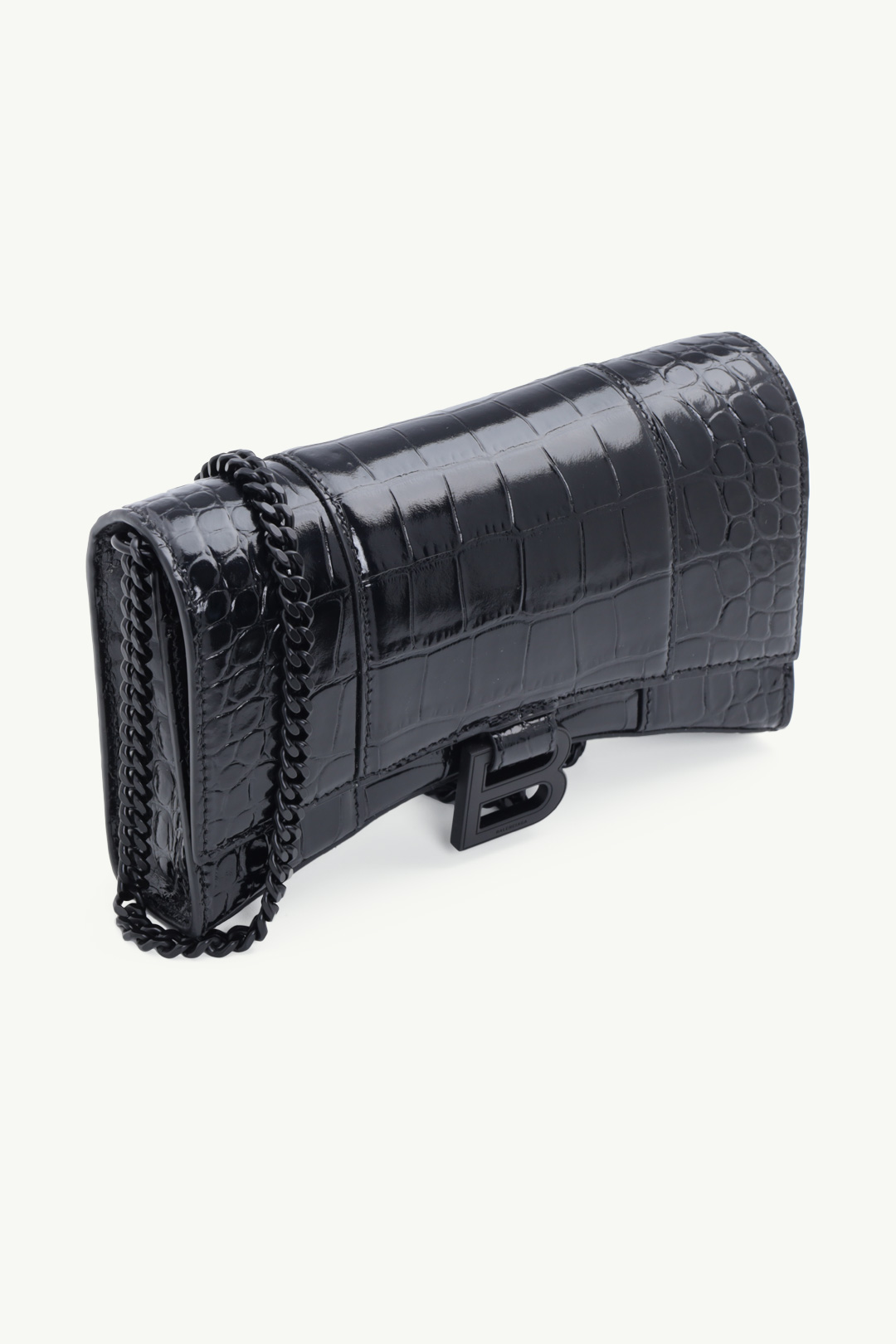 BALENCIAGA Hourglass Wallet on Chain in Black Shiny Croco Embossed BHW 2