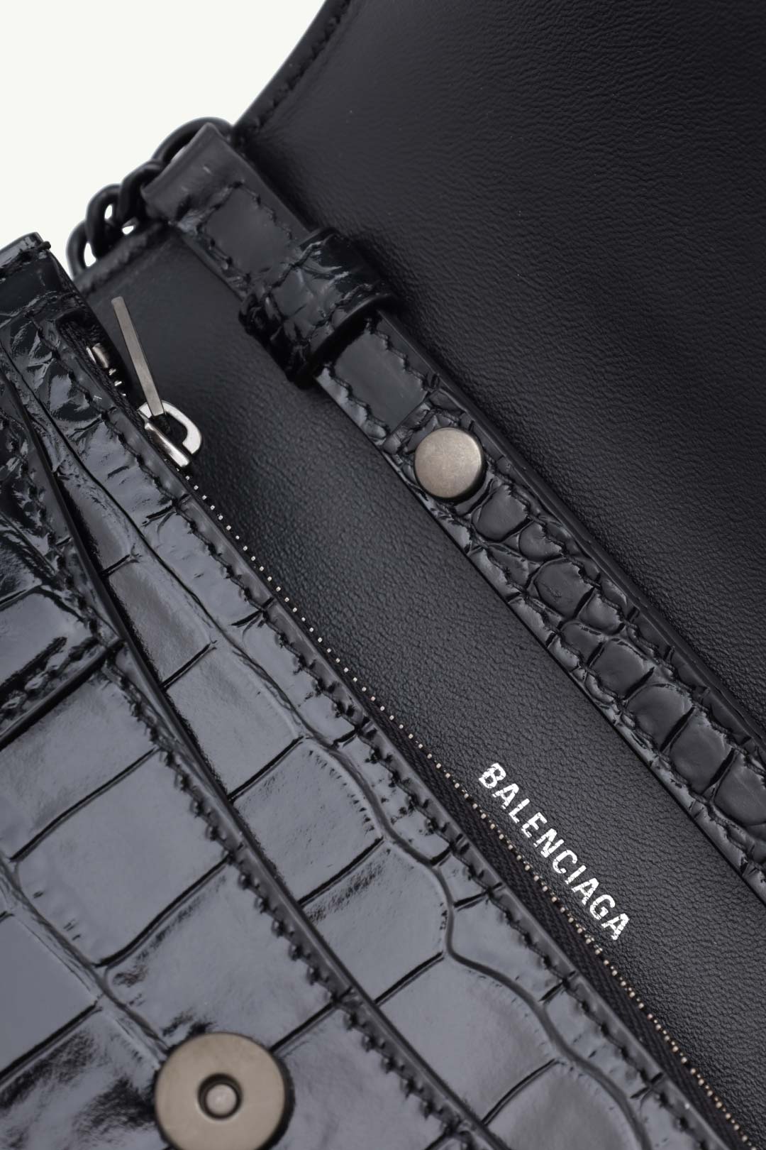 BALENCIAGA Hourglass Wallet on Chain in Black Shiny Croco Embossed BHW 3