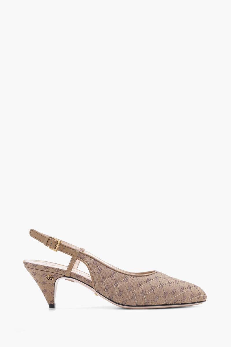 GUCCI Women Mini GG Supreme Slingback Pumps 55mm in Beige/Ebony Canvas 0