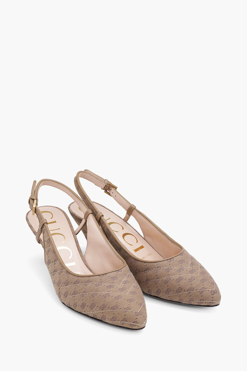 GUCCI Women Mini GG Supreme Slingback Pumps 55mm in Beige/Ebony Canvas 1