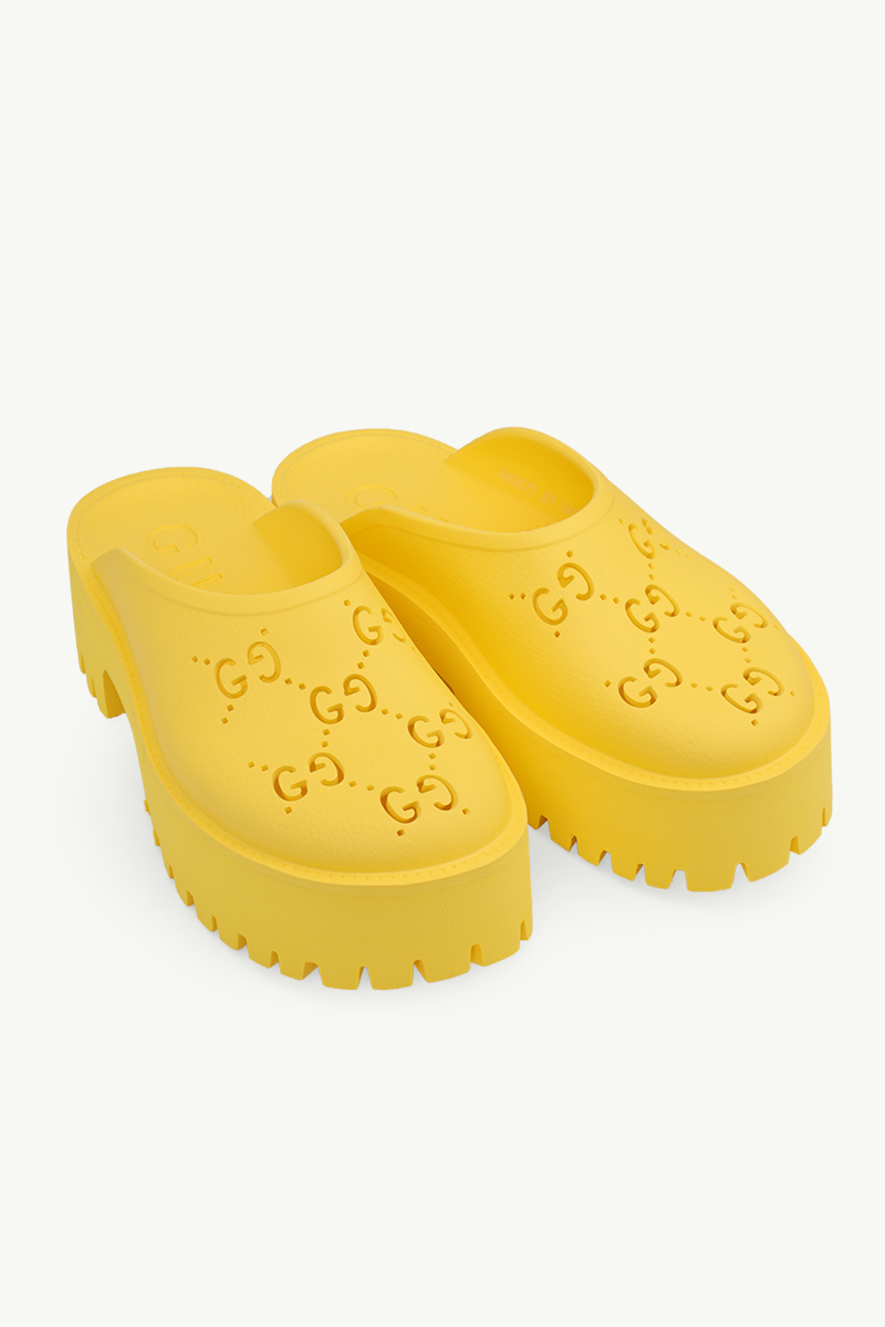 GUCCI Women GG Perforated Plaform Slip-On Sandals 55mm in Yellow Rubber 1