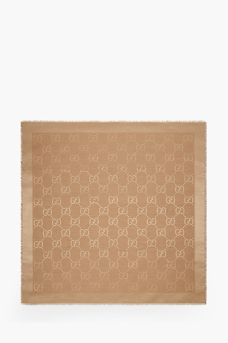 GUCCI Women GG Shawl in Camel Silk Wool Jacquard 0