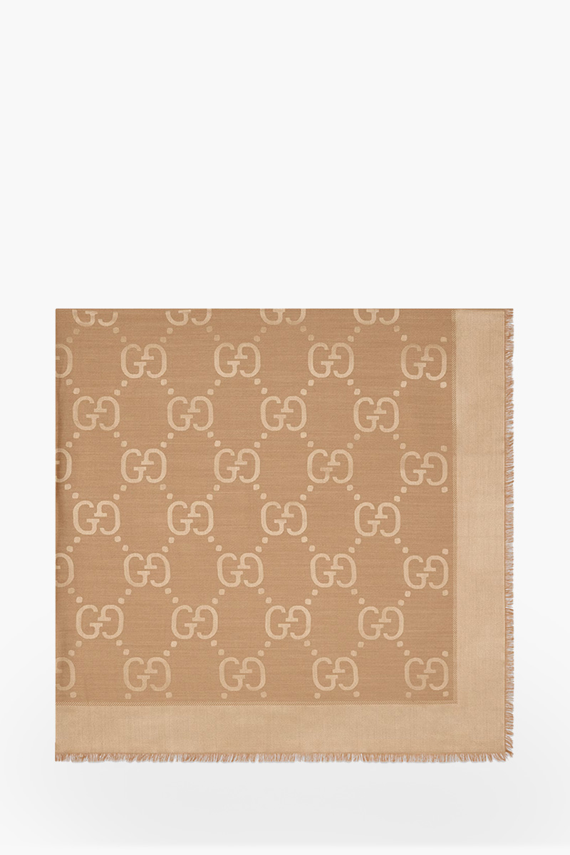 GUCCI Women GG Shawl in Camel Silk Wool Jacquard 1