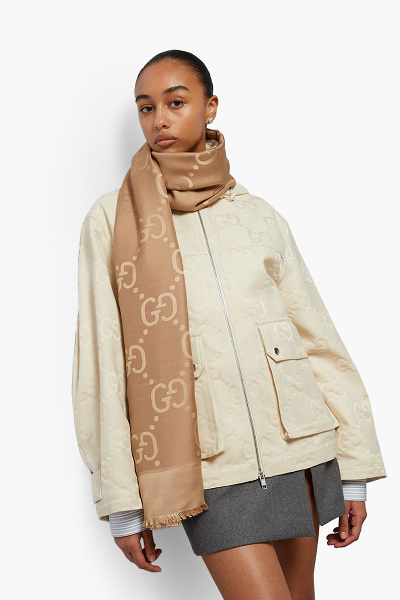GUCCI Women GG Shawl in Camel Silk Wool Jacquard 2