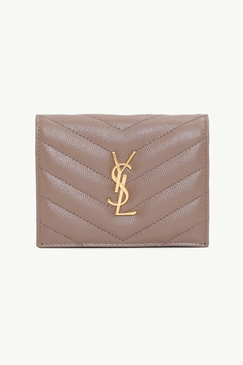 SAINT LAURENT Cassandre Flap Card Holder in Taupe Caviar Leather GHW 0