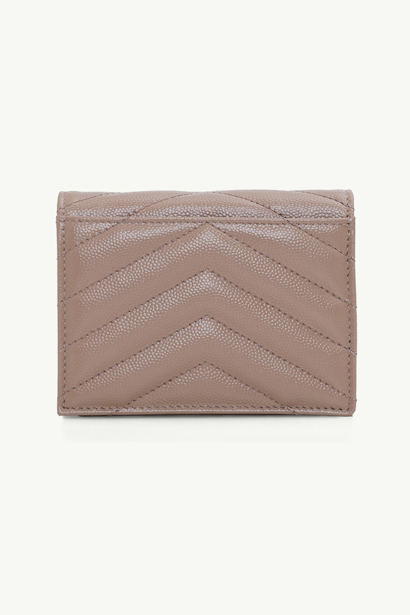 SAINT LAURENT Cassandre Flap Card Holder in Taupe Caviar Leather GHW 1