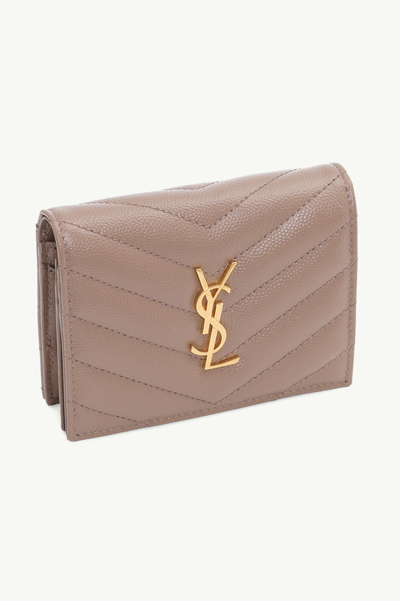 SAINT LAURENT Cassandre Flap Card Holder in Taupe Caviar Leather GHW 2
