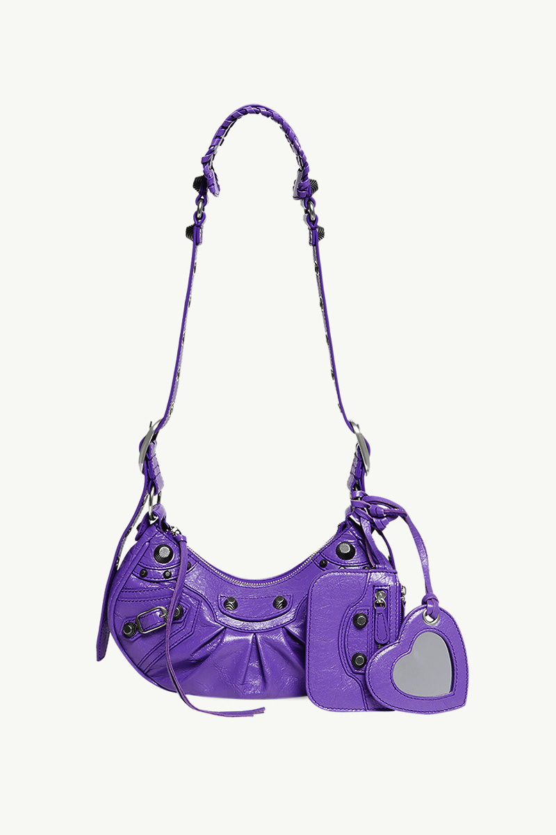 BALENCIAGA Le Cagole XS Shoulder Bag in Purple Arena Lambskin SHW 0