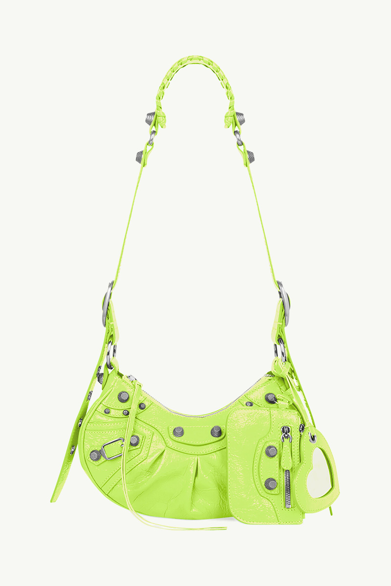 BALENCIAGA Le Cagole XS Shoulder Bag in Neon Yellow Arena Lambskin SHW 0