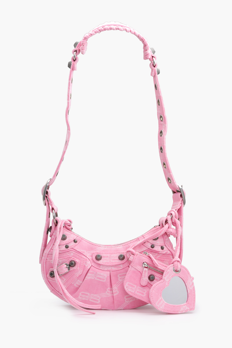 BALENCIAGA Le Cagole XS Shoulder Bag in Pink BB Monogram Denim SHW 0