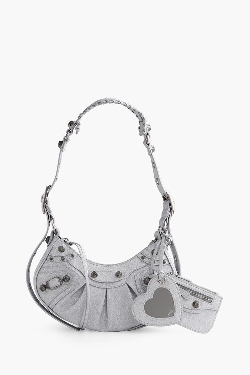 BALENCIAGA Le Cagole XS Shoulder Bag in Silver Sparkling Fabric SHW 0