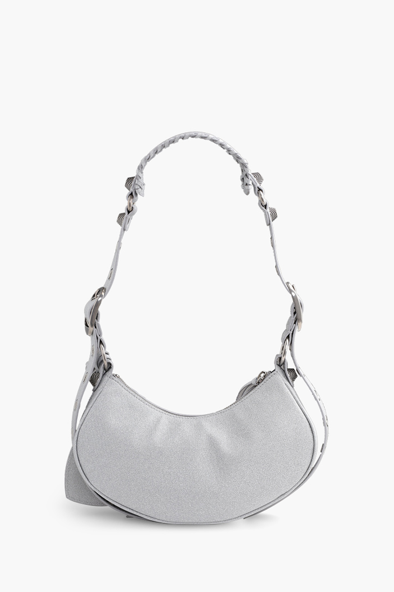 BALENCIAGA Le Cagole XS Shoulder Bag in Silver Sparkling Fabric SHW 1