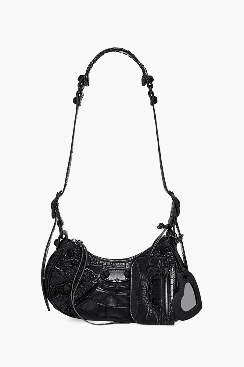 BALENCIAGA Le Cagole XS Shoulder Bag in Black Croco Embossed BHW 0