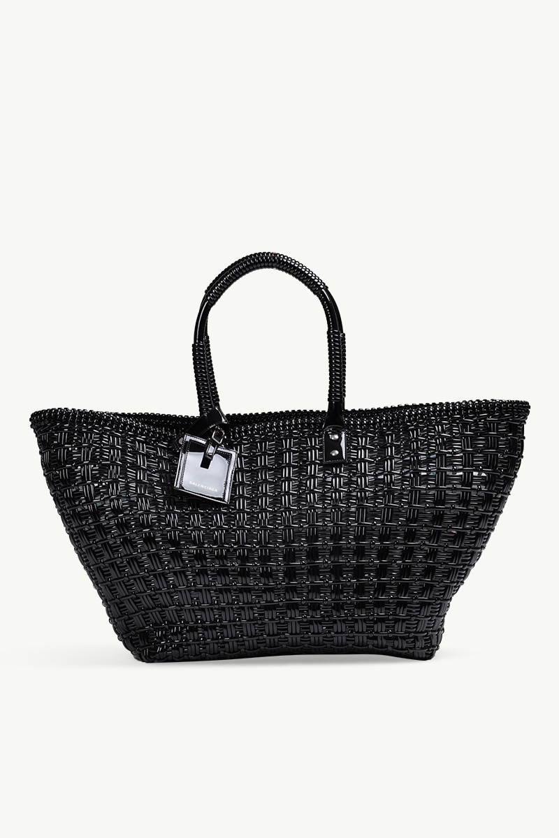 BALENCIAGA Large Bistro Two Handles Basket in Black Leather with Balenciaga Logo 0