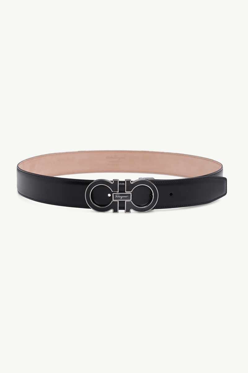 SALVATORE FERRAGAMO Adjustable Gancini Belt 3.5cm in Black Calfskin Leather with Glossy Varnished Buckle 0