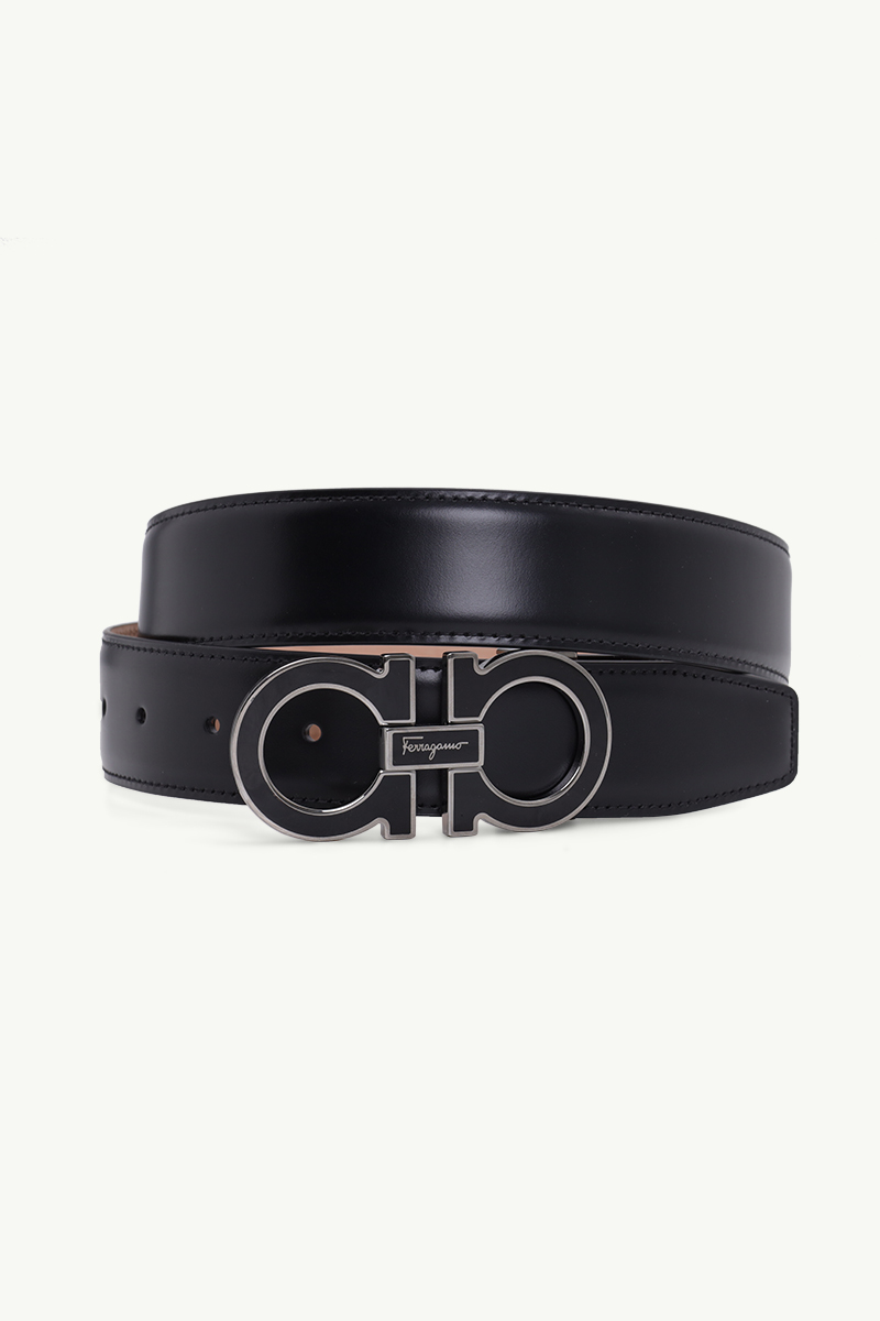 SALVATORE FERRAGAMO Adjustable Gancini Belt 3.5cm in Black Calfskin Leather with Glossy Varnished Buckle 1