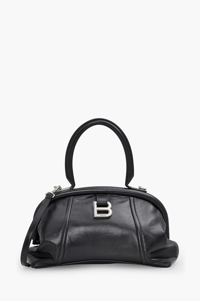 BALENCIAGA Editor B Logo Engraved Frame Top Handle Bag in Black Leather 0