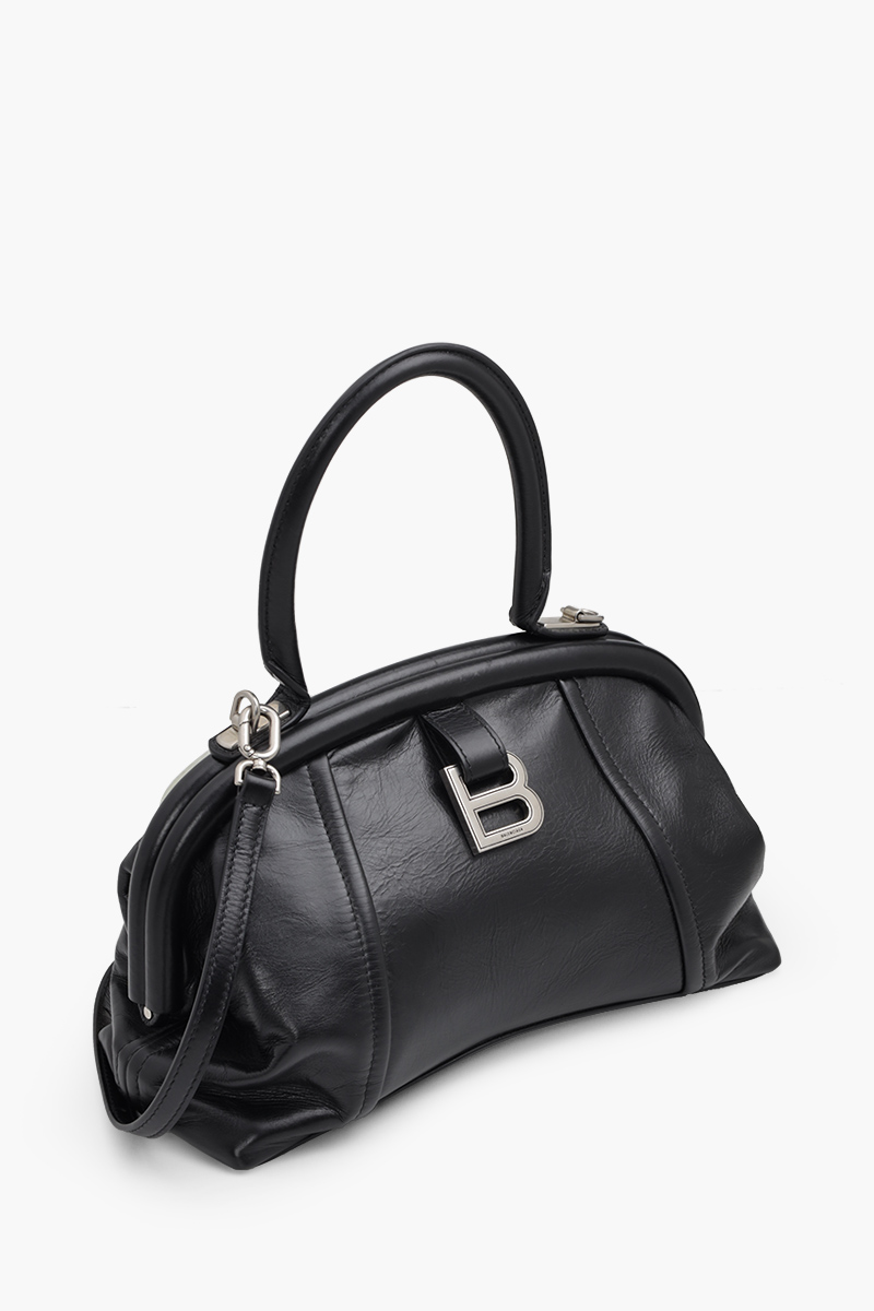 BALENCIAGA Editor B Logo Engraved Frame Top Handle Bag in Black Leather 2