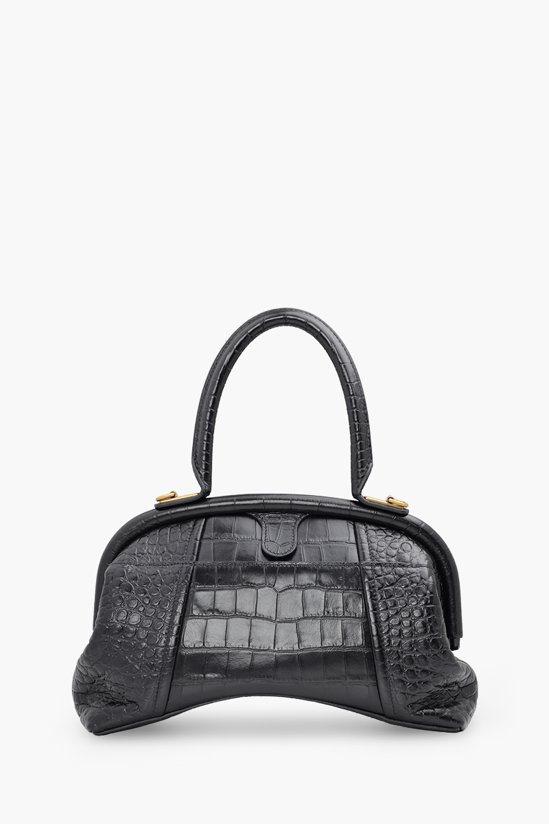 BALENCIAGA Small Editor Shoulder Bag in Black Croco-Embossed Leather 1