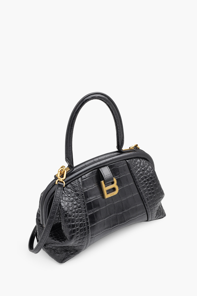 BALENCIAGA Small Editor Shoulder Bag in Black Croco-Embossed Leather 2