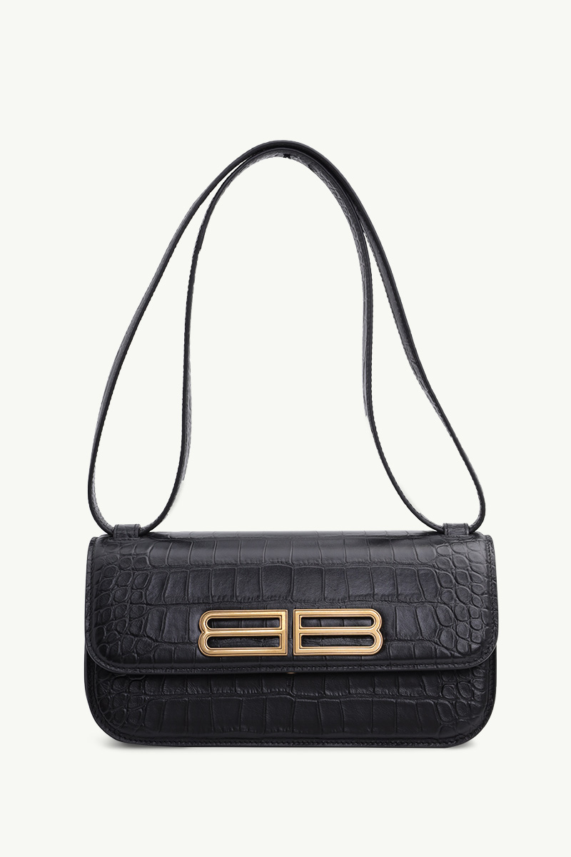BALENCIAGA Small Gossip BB Logo Shoulder Bag in Black Croco-Embossed GHW 0