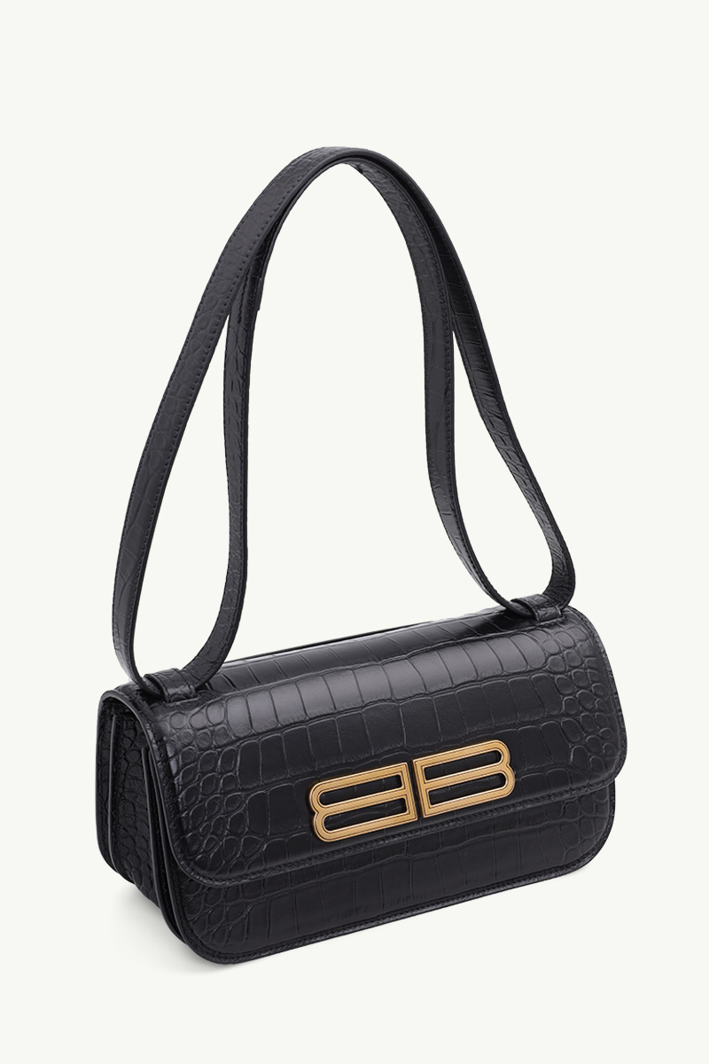 BALENCIAGA Small Gossip BB Logo Shoulder Bag in Black Croco-Embossed GHW 2