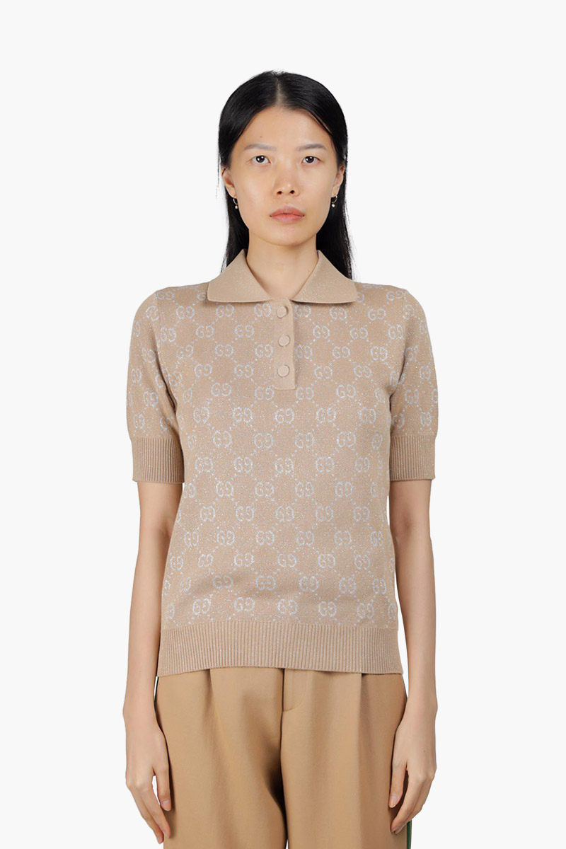 GUCCI Women Lame GG Jacquard Polo Shirt in Camel/Beige 0