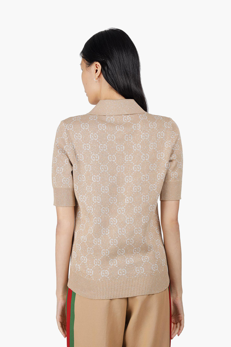 GUCCI Women Lame GG Jacquard Polo Shirt in Camel/Beige 1