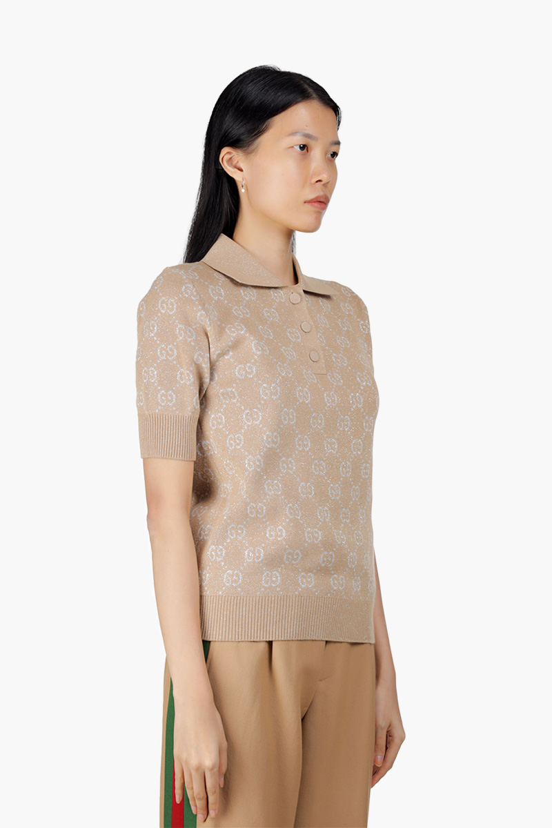 GUCCI Women Lame GG Jacquard Polo Shirt in Camel/Beige 2