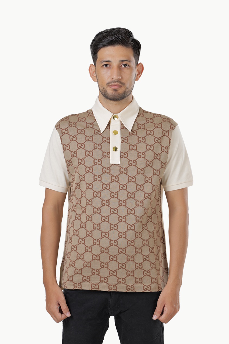 GUCCI Men Jumbo GG Polo Shirt in Beige/Ebony Cotton Silk Jacquard 0