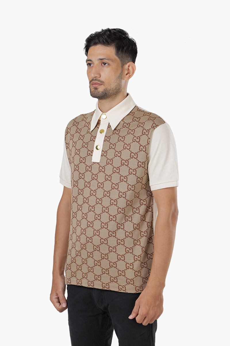 GUCCI Men Jumbo GG Polo Shirt in Beige/Ebony Cotton Silk Jacquard 2