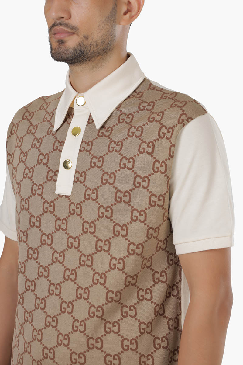 GUCCI Men Jumbo GG Polo Shirt in Beige/Ebony Cotton Silk Jacquard 4